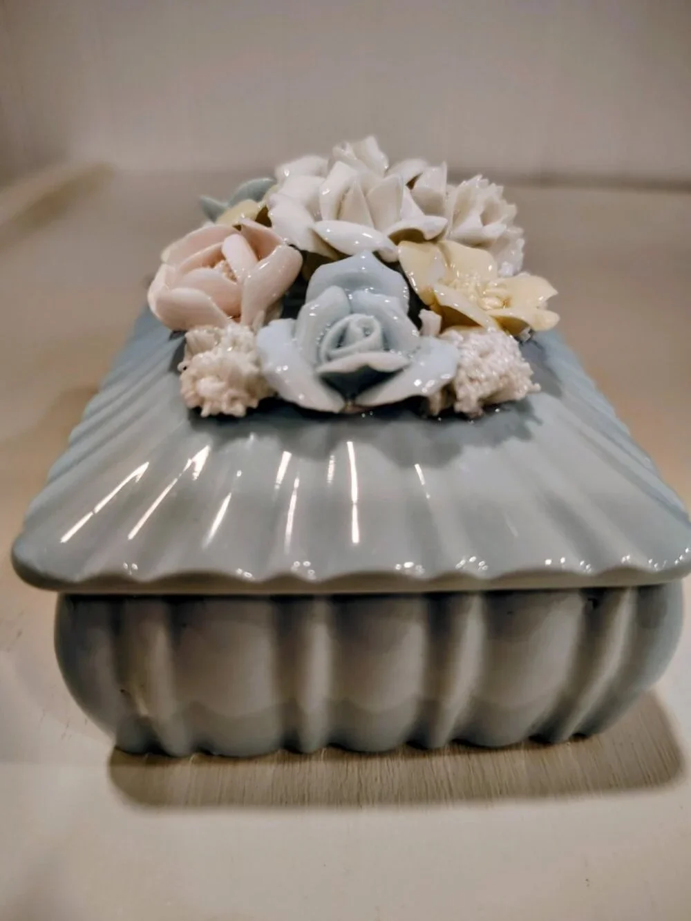 Vintage Japan Blue Porcelain Pink Flowers Floral Trinket Box